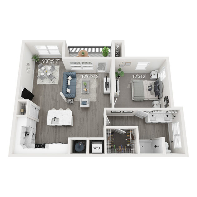 Rendering of the Asher (A2) floor plan with 1 bedroom[s] and 1 bathroom[s] at Legacy Heritage