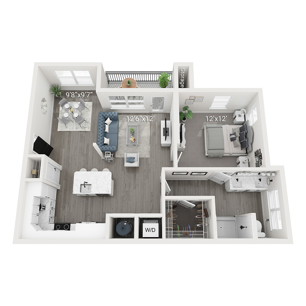 Rendering of the Asher (A2) floor plan with 1 bedroom[s] and 1 bathroom[s] at Legacy Heritage