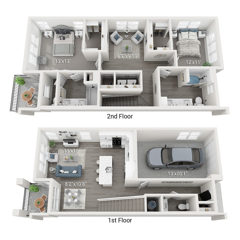 Rendering of the Buckeye (2TH) floor plan with 2 bedroom[s] and 2 bathroom[s] at Legacy Heritage