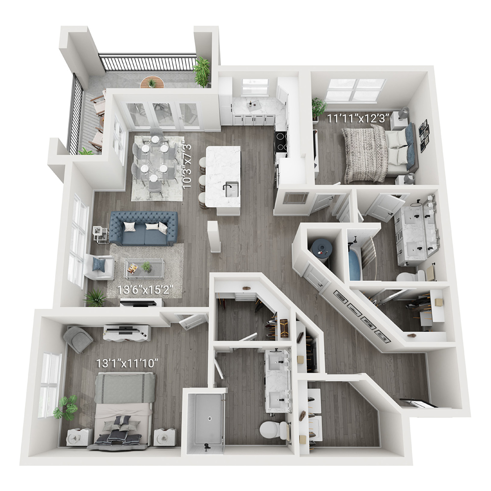 Rendering of the Bexley (B4) floor plan with 2 bedroom[s] and 2 bathroom[s] at Legacy Heritage