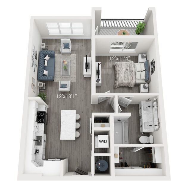 Rendering of the Anson (A1) floor plan with 1 bedroom[s] and 1 bathroom[s] at Legacy Heritage