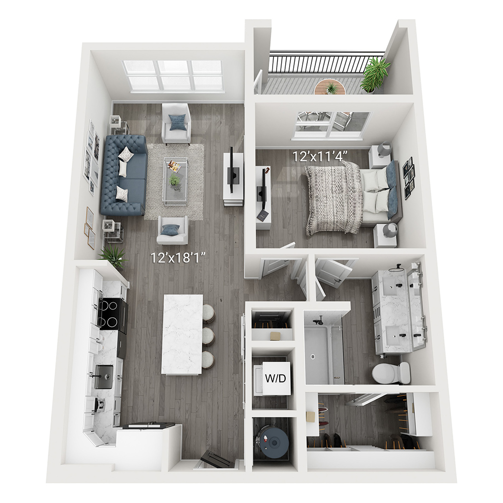 Rendering of the Anson (A1) floor plan with 1 bedroom[s] and 1 bathroom[s] at Legacy Heritage
