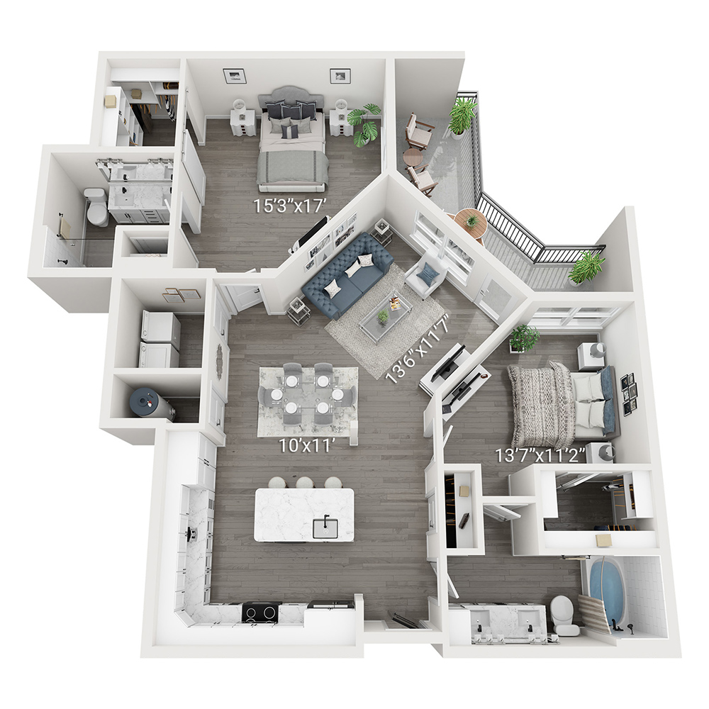 Rendering of the Beacon (B3) floor plan with 2 bedroom[s] and 2 bathroom[s] at Legacy Heritage