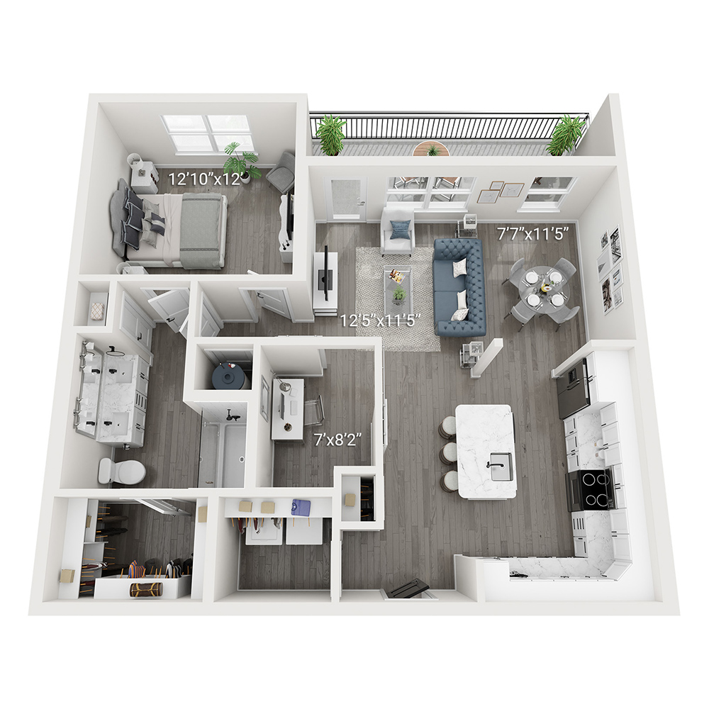 Rendering of the Avery (A3) floor plan with 1 bedroom[s] and 1 bathroom[s] at Legacy Heritage