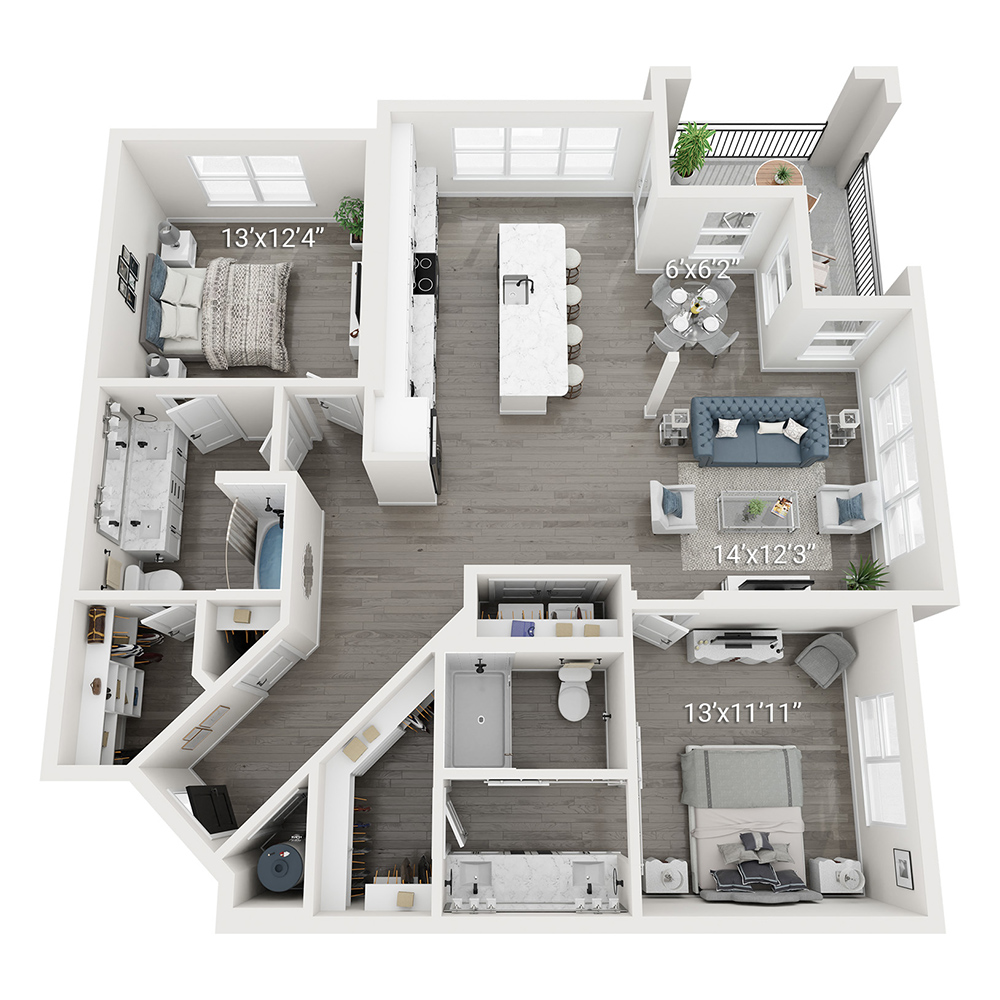 Rendering of the Ballad (B1) floor plan with 2 bedroom[s] and 2 bathroom[s] at Legacy Heritage