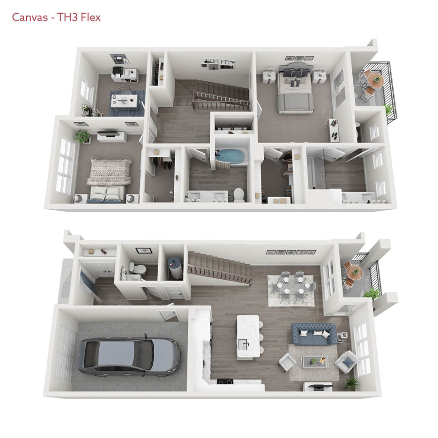 Rendering of the Canvas (3TH) floor plan with 2 bedroom[s] and 2.5 bathroom[s] at Legacy Heritage